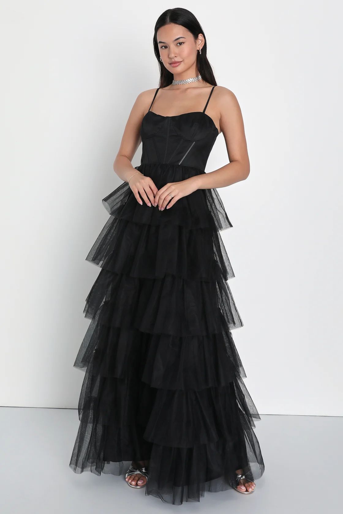 Rule the Runway Black Tulle Bustier Tiered Maxi Dress | Lulus (US)