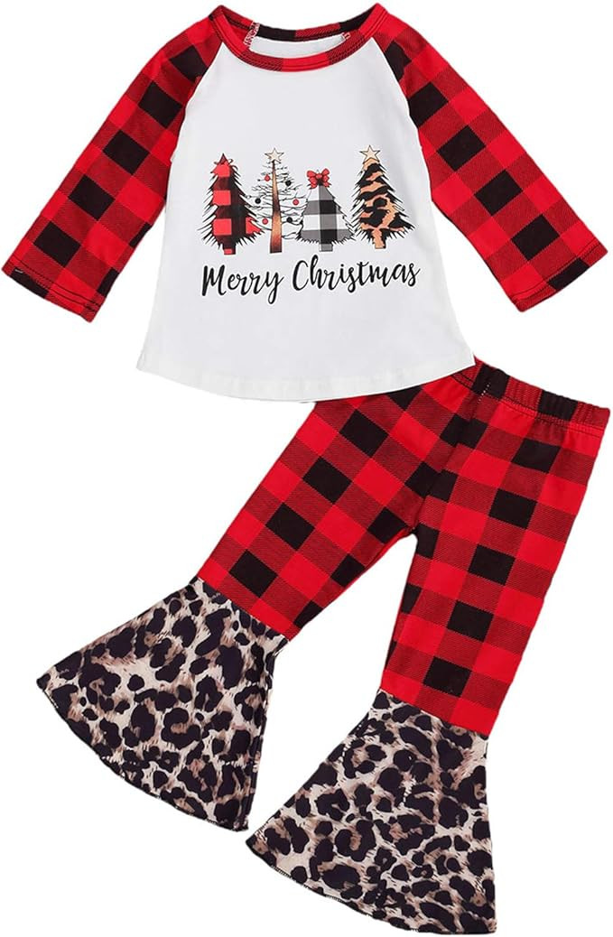 Bliweek Christmas Toddler Outfit Girl Cute Merry Christmas Long Sleeve Top Ruffle Bell-Bottom Pan... | Amazon (US)