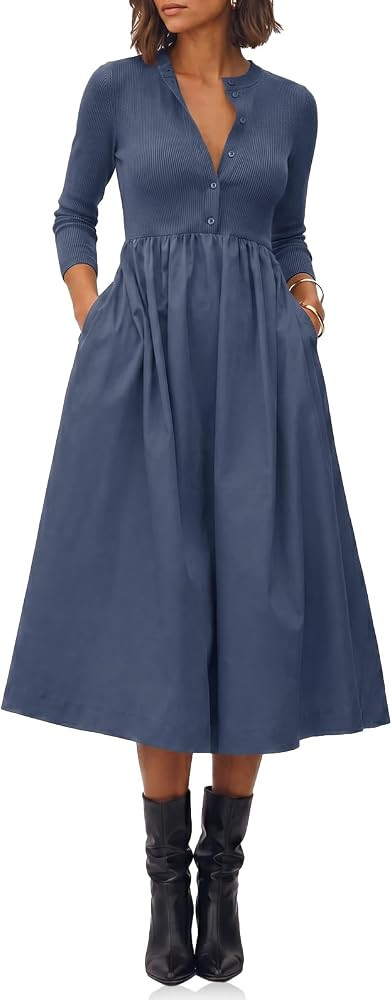 Cicy Bell Womens Long Sleeve Midi Dress Casual Half Button Fall Dresses | Amazon (US)