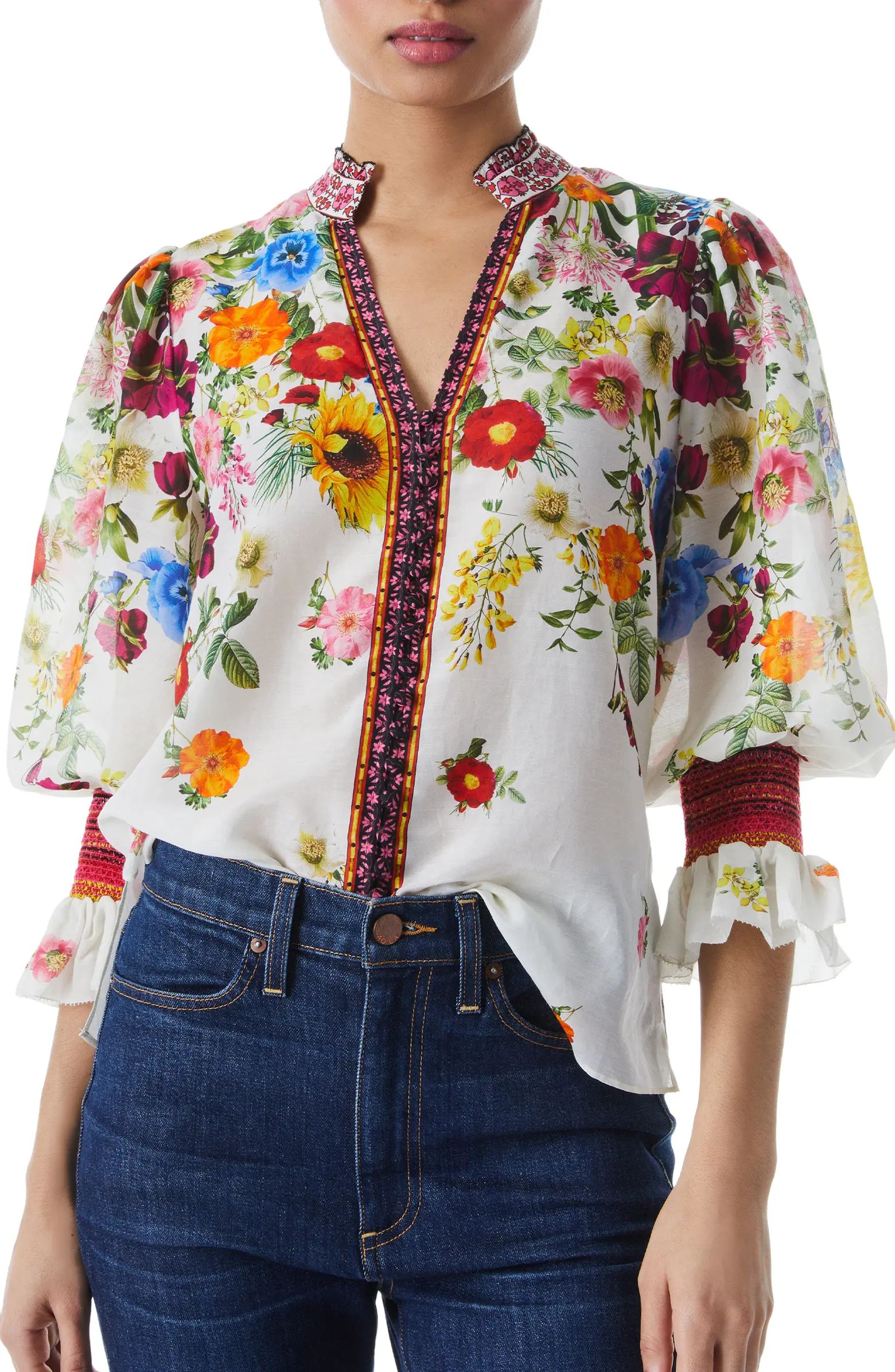 Alice + Olivia Ilan Floral Puff Sleeve Silk & Cotton Blouse | Nordstrom | Nordstrom