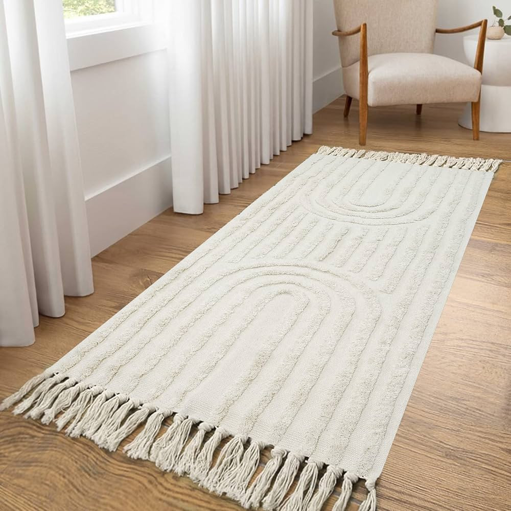 LEEVAN Boho Kitchen Runner Rug 2'x4' Cotton Laundry Room Rug Beige Rainbow Rug with Tassels Washa... | Amazon (US)