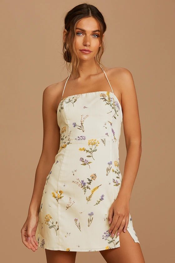 Catch the Bouquet Cream Floral Print Halter Lace-Up Mini Dress | Lulus