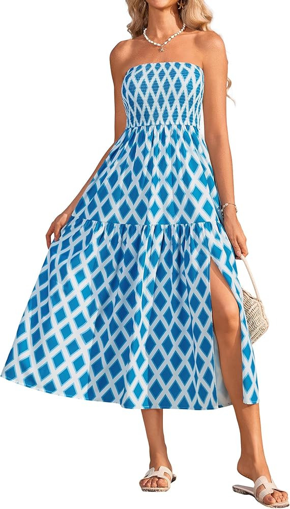 GRACE KARIN Women's Summer Strapless Dress Smocked Casual Beach Party Long Maxi Dresses with Pock... | Amazon (US)