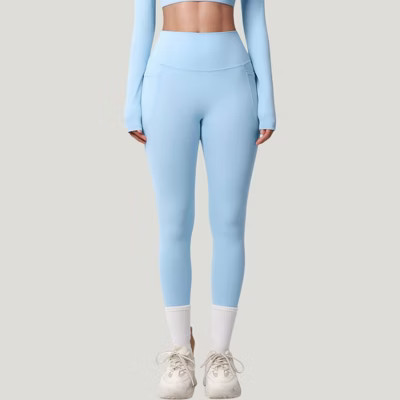 Anna-Kaci Active Women's High Waist Full Length Leggings with Side Pockets and Wide Waistband - X Large, Light Blue | Target
