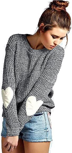 shermie Women's Cute Heart Pattern Elbow Patchwork Casual Crewneck Knitted Sweaters Pullover | Amazon (CA)