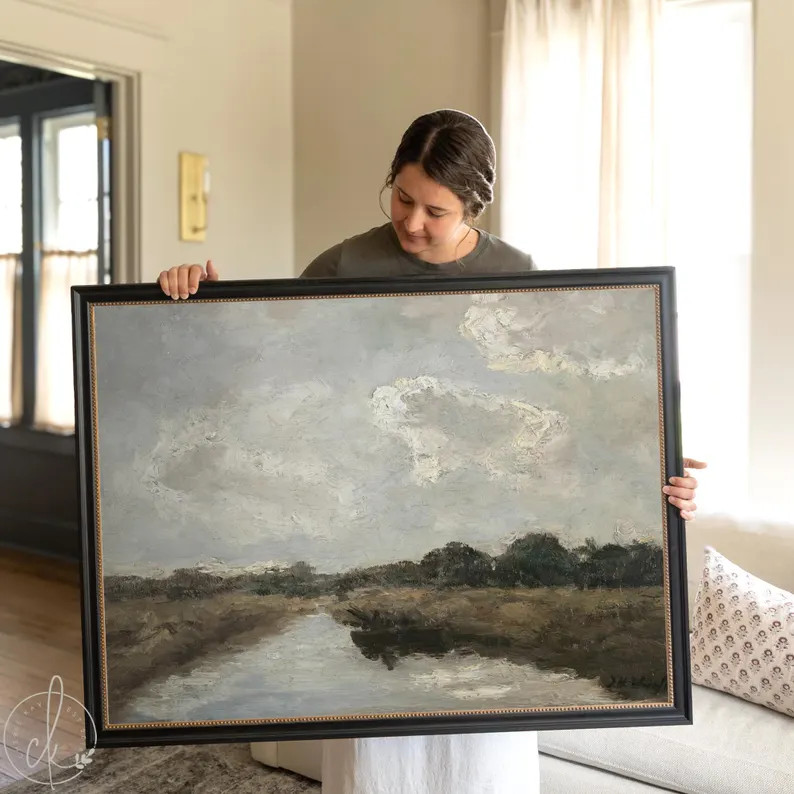 Large Oil Painting With Frame | Neutral Cloud & River Landscape | Vintage Style Wall Art | Framed... | Etsy (US)