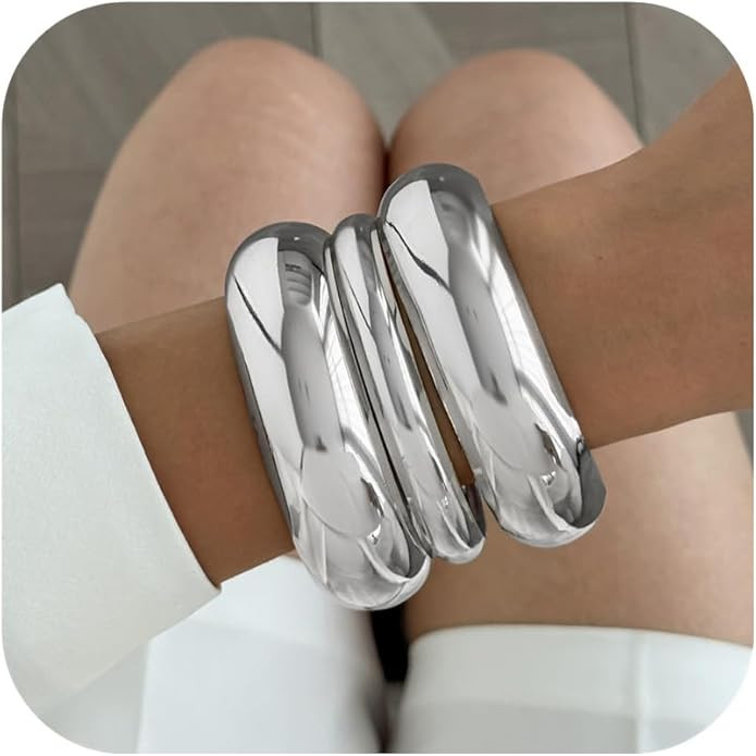 3PCS Chunky Gold Bangle Bracelets for Women Stack Trendy Wide Wrist Statement Bangle Silver Cuff ... | Amazon (US)