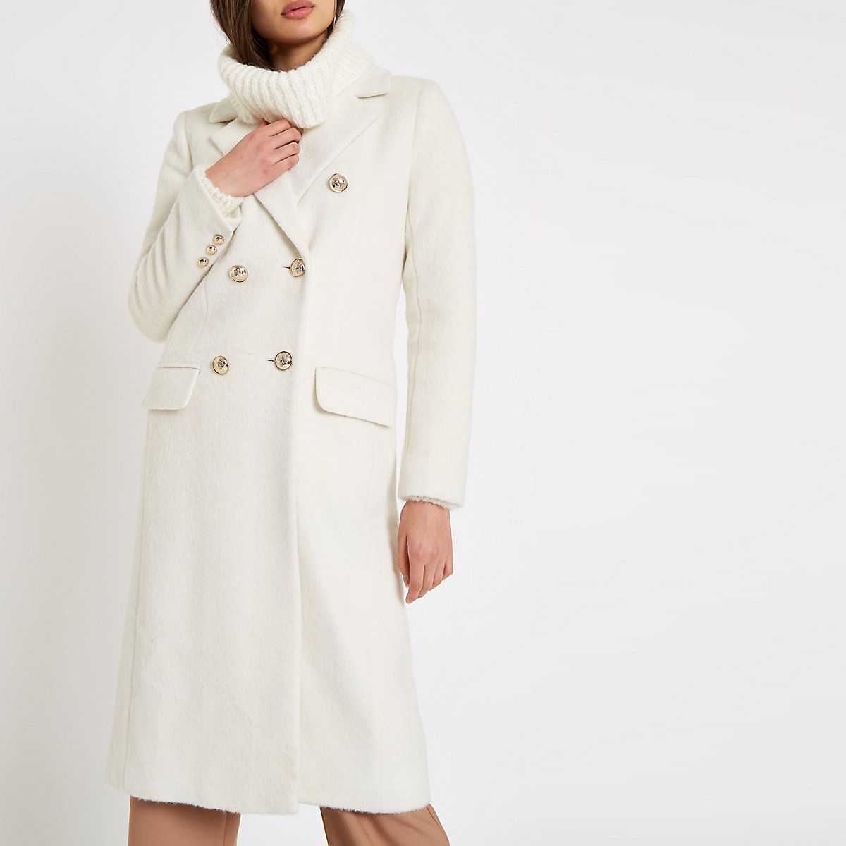 Cream double-breasted longline coat | River Island (UK & IE)