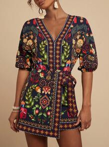 Travachic Plant Printed High Waist Fitted A-Line Women Asymmetrical Hem Skirt | SHEIN