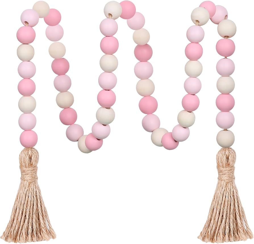 Valentine's Day Wood Bead Garland with Tassels, Valentines Decorations Pink Tassels Garland Boho ... | Amazon (US)