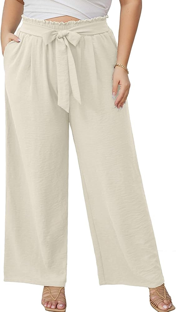 AusLook Women's Plus Size Wide Leg Lounge Pants with Pockets High Waisted Palazzo Adjustable Tie ... | Amazon (US)