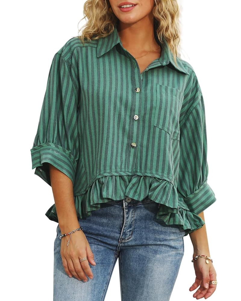 CHYRII Womens Summer Tops Dressy Casual Blouse Top Ruffled Short Sleeve Button Down Striped Shirt | Amazon (US)