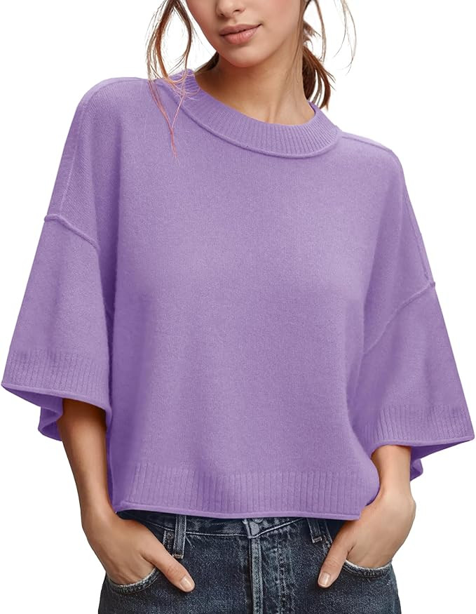 ZDC Women's Oversized Sweaters Summer 3/4 Sleeve Casual Cropped Tops Lightweight Loose Fit Knit P... | Amazon (US)