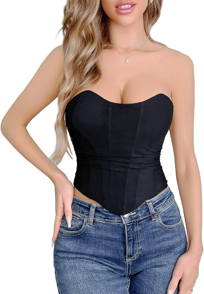 SHYMMUO Women Black Corset Tops Satin Summer Going Out Strapless Bustier Crop Top for Party,Gothi... | Amazon (US)
