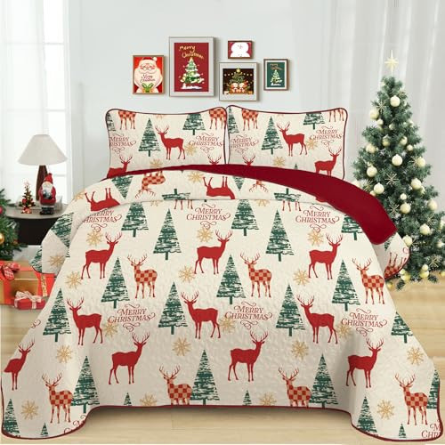 Dinjoy Quilt Set Queen Christmas,Red Beige Bedspreads Holiday Bedding Set Queen Size 3 PCs Xmas Tree Reindeer Snowflake Rustic Lodge Coverlet Set Gifts for Family Bed 90" x 96" | Amazon (US)