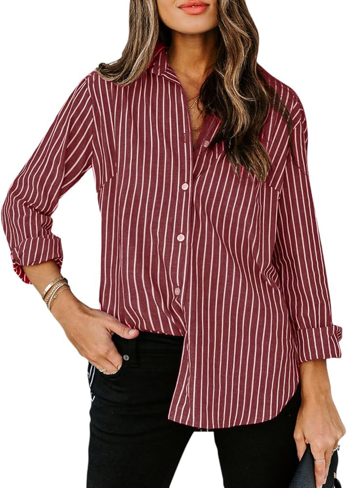 siliteelon Womens Button Down Shirts Cotton Striped Dress Shirt Long Sleeve Collared Office Work ... | Amazon (US)