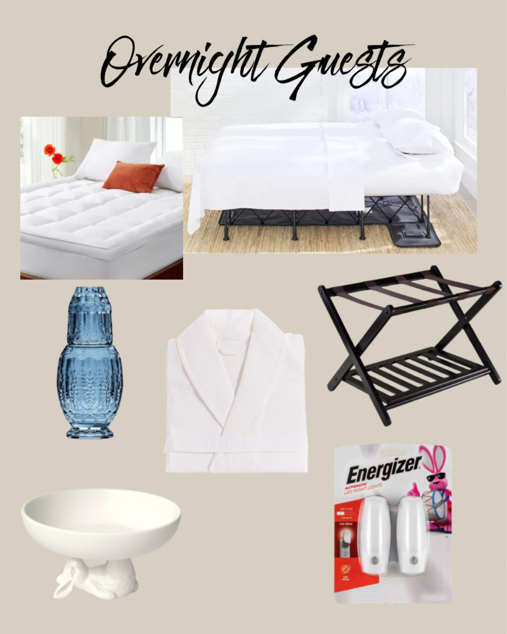 Will you have guests staying with you this Summer?

Set them up with comfort top of mind. Isn't that the dream to have all our guests well-rested and pampered!

A great bed is a priority. The EZ Beds are the B.E.S.T. and this price from Grandin Road is the best I have found anywhere!!!

Add a thick comfy mattress topper for a truly luxurious sleep. Nightstands are important,  especially when they're holding a water carafe and tumbler, and a dish for rings, watches and such -- as well as a sweet nibble for bedtime.

Every guest appreciates a luggage rack to hold their bag securely off the ground.

Don't forget motion-activated nightlights -- practical and appreciated! You can go all boutique hotel and have bathrobes handy for your guests.

#guests #overnightguests #pamperedguests #overnights #overnightvisitors 

#LTKhome #LTKfamily #LTKparties