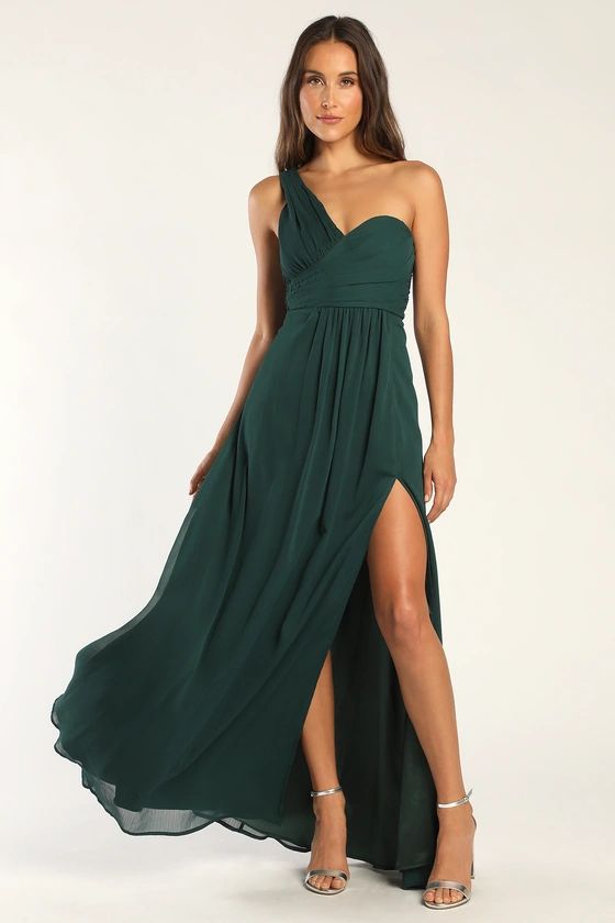 Always Enamored Emerald Green One-Shoulder Maxi Dress | Lulus (US)