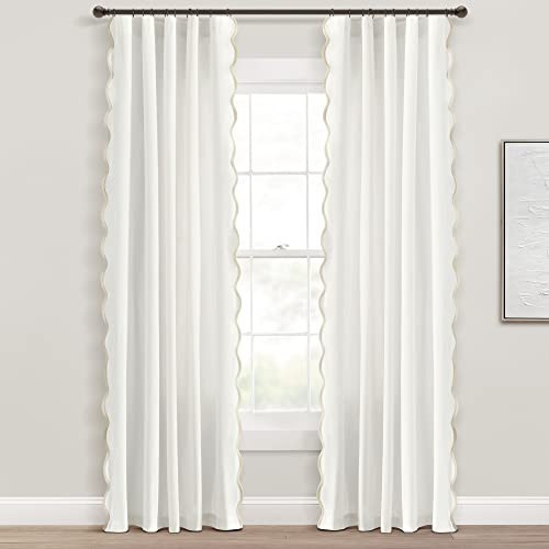 Lush Decor Coastal Chic Scalloped Edge Light Filtering Window Curtain Panels Pair, 52" W x 84" L, Neutral & White - White Curtains for Living Room - Coastal Decor | Amazon (US)