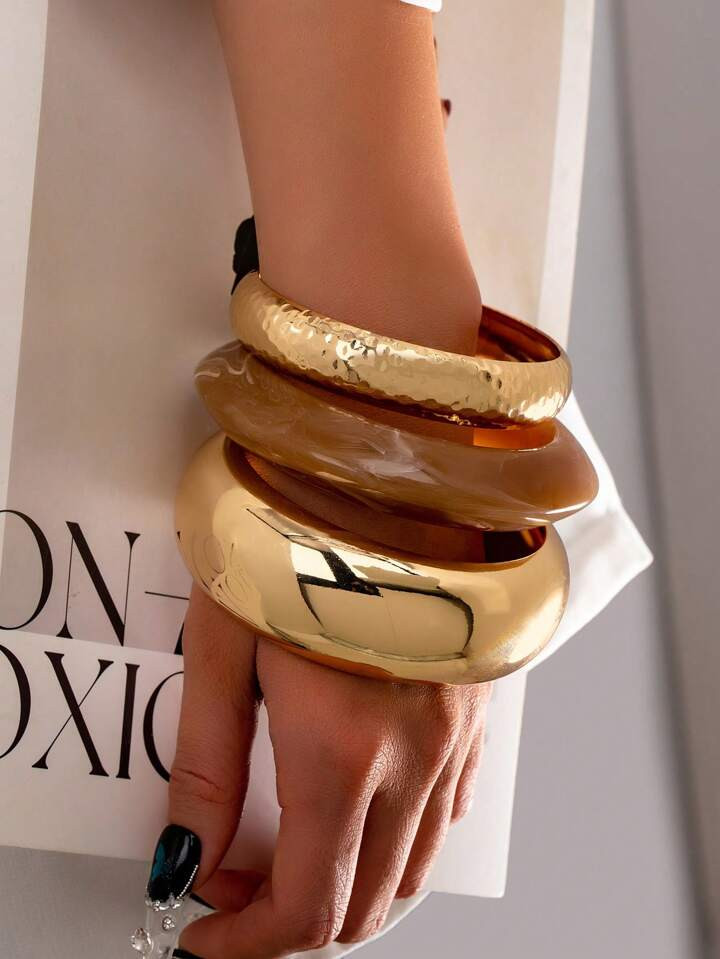 Pack Of 3 Chunky Bangles Set Resin Cuff Bracelet Arm Band Women Stacked Bracelets , Simple Design... | SHEIN