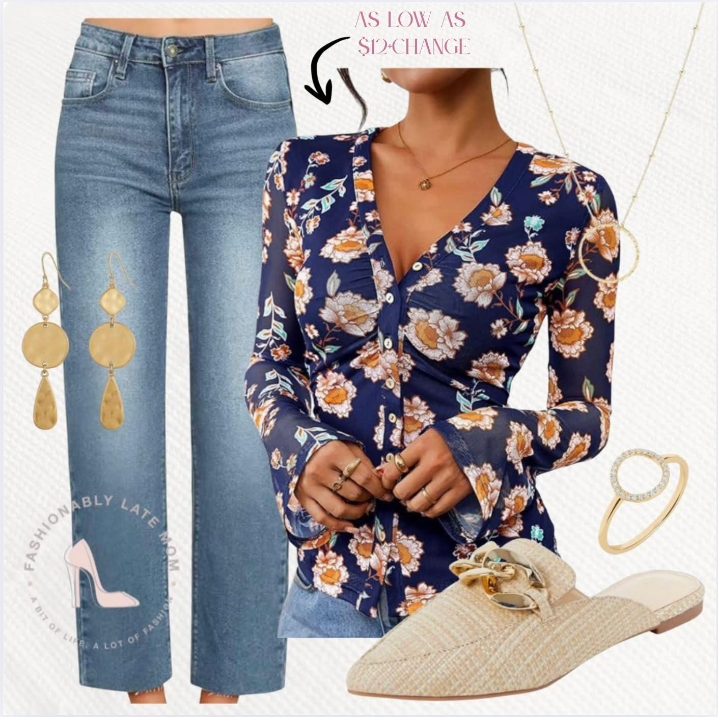 Fall outfit ideas. 

Fashionablylatemom. 
Trending outfits. 
Womens clothing. 
Button down blouse. 
Womens top. 
Vneck long sleeve shirt. 
Rushed mesh fitted top. 
Floral women’s blouse. 
Womens denim. 
High waisted jeans. 
Straight legged pants. 
Cropped jeans. 
Gold jewelry. 
Gold ring. 
Gold circle details. 
Gold necklace. 
Gold dangle earrings. 
Boho earrings. 
Womens shoes. 
Womens flats. 
Pointed toe shoes. 
Backless womens flats. 

#LTKStyleTip #LTKSeasonal #LTKShoeCrush