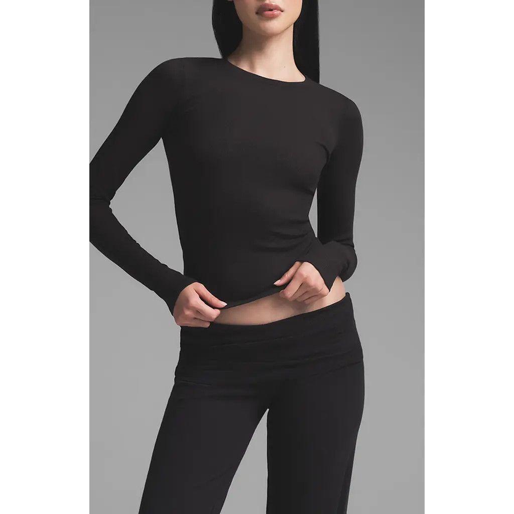 SKIMS Stretch Cotton Rib Long Sleeve T-Shirt in Soot at Nordstrom, Size Medium | Nordstrom