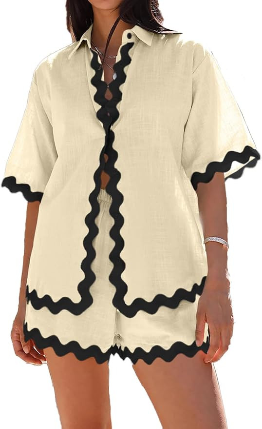 Womens Summer 2 Piece Matching Set Vacation Outfits Cruise Beach Summer Short Sleeve Oversized Sh... | Amazon (US)