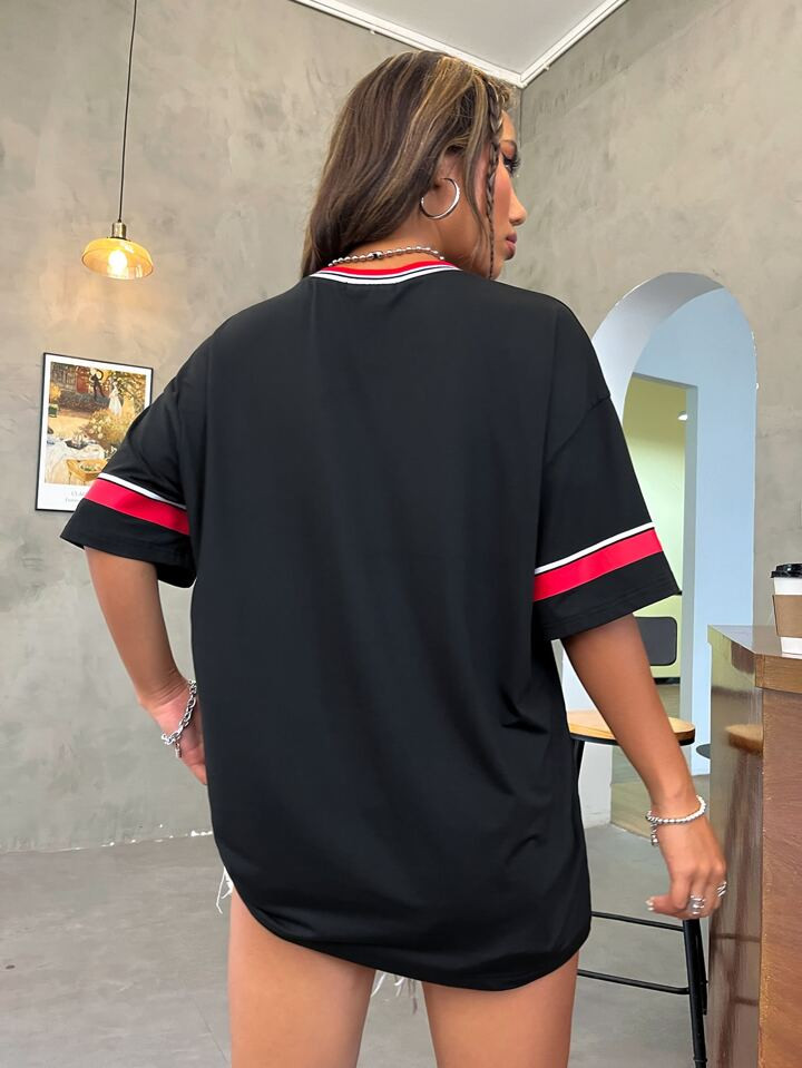 SHEIN EZwear Letter Graphic Striped Trim Drop Shoulder Tee | SHEIN