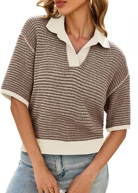 Cicy Bell Womens Striped Cropped Sweaters Tops Color Block Short Sleeve Knit V Neck Fall Casual P... | Amazon (US)
