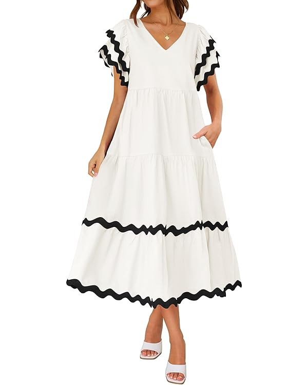 ZESICA Womens 2024 Summer Casual Midi Dresses V Neck Flutter Short Sleeve Ruffle Tiered A Line Fl... | Amazon (US)