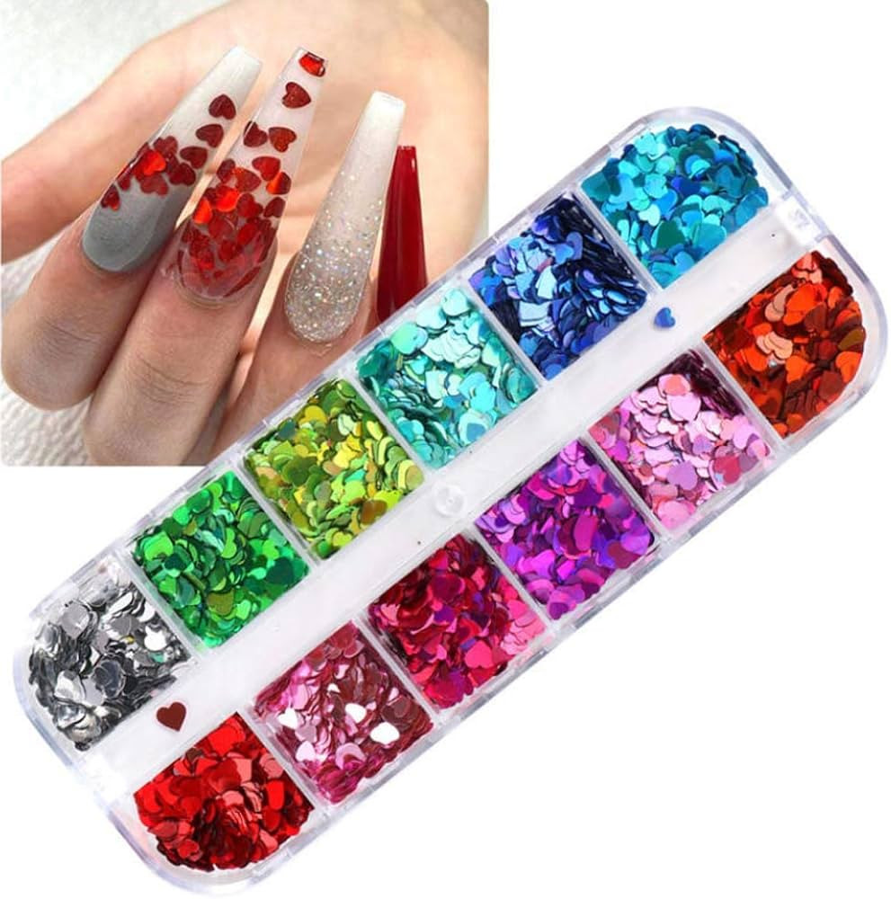 3D Heart Nail Glitter Sequins Set of 12 Colors Heart Shape Nail Decals Flakes Ultra-Thin Nail Acc... | Amazon (CA)