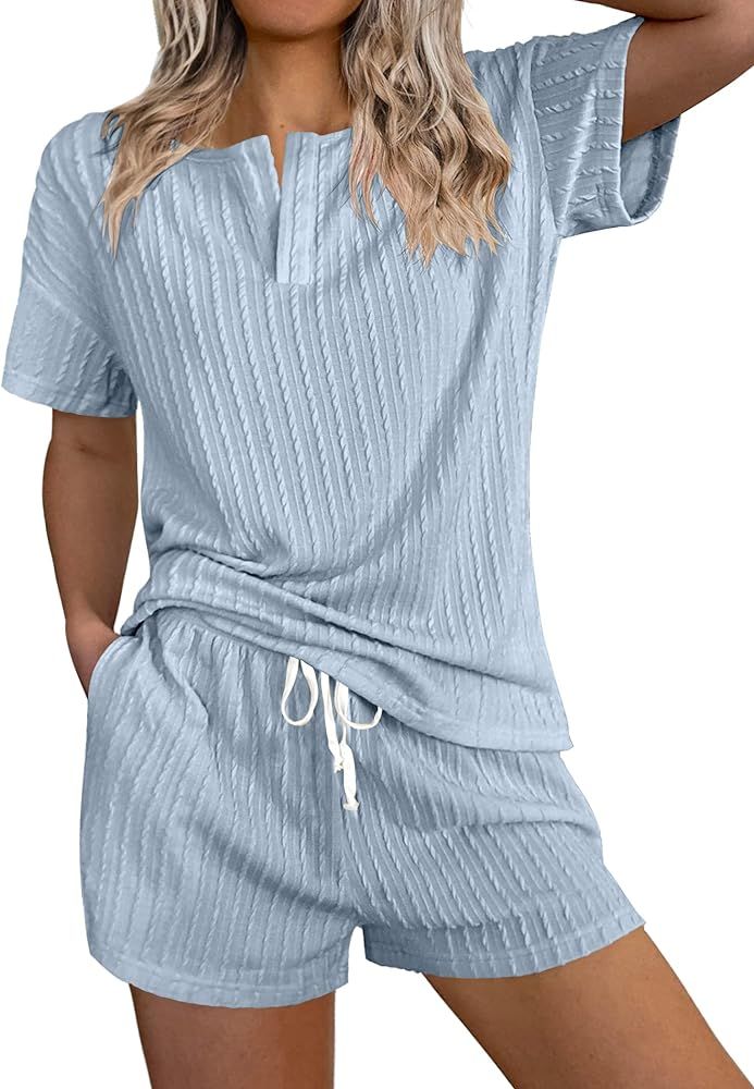 Ekouaer Womens 2 Piece Lounge Sets Ribbed Knit Pajama Tops Sleepwear Sweatsuits Matching Shorts w... | Amazon (US)