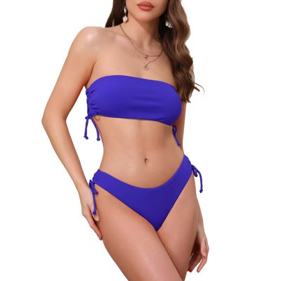 INSPIRE CHIC Women's Bandeau Drawstring Side Tie Ribbed Bikini Sets, Strapless Top Triangle Bottom Swimwear Bathing Suits 1 Set Royal Blue X-Large | Target