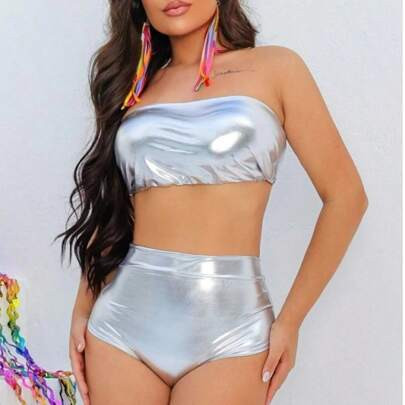 Conjunto Hot Pant Prata Carnaval Verão | SHEIN