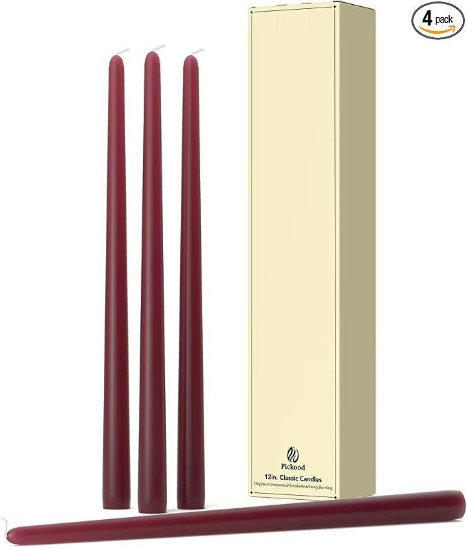 Pickood 12-Inch Tall Dripless Taper Candles Set of 4 - Burgundy Tapered Candles, Perfect for Wedd... | Amazon (US)