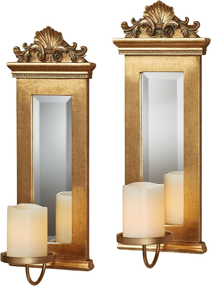 Acanthus Mirrored Wall Sconces Gold Set of Two - Beveled Mirror - Large Ornate Candle Holder Pair... | Amazon (US)