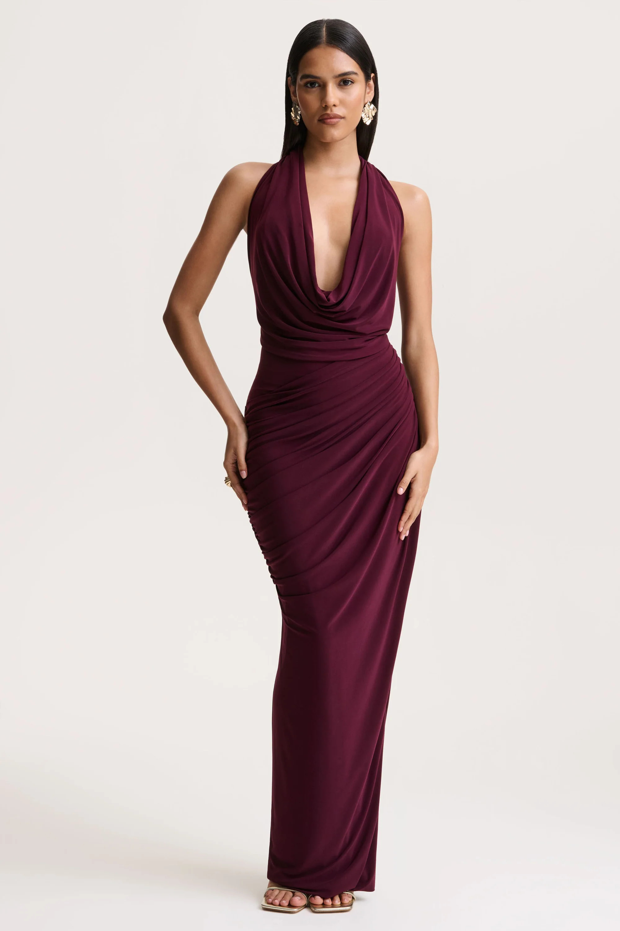 Cairo  Burgundy Cowl-Neck Maxi Dress With Gathered Detailing | Club L London
