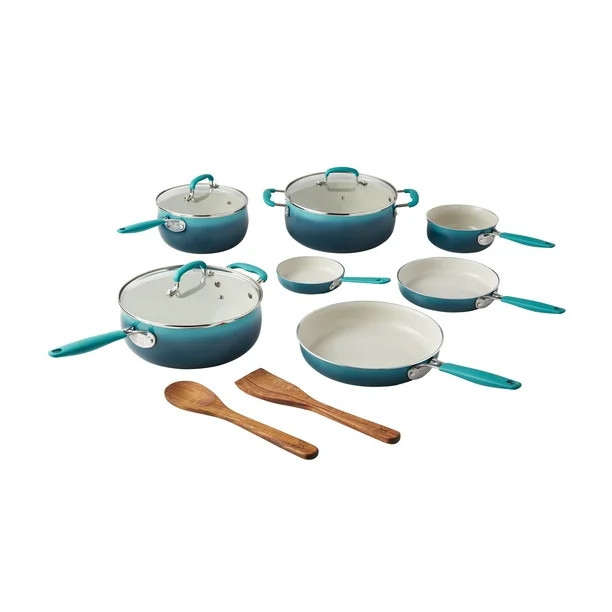 The Pioneer Woman 12-Piece Porcelain Enamel Classic Ceramic Cookware Set, Ombre Teal | Walmart (US)