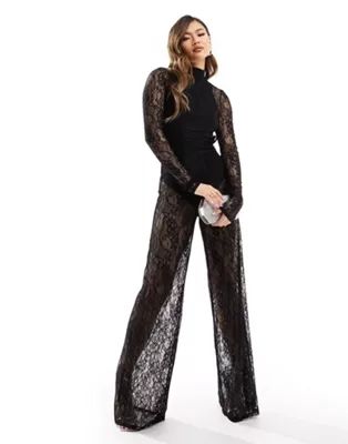ASOS DESIGN lace overlay bodysuit wide leg jumpsuit in black | ASOS (Global)