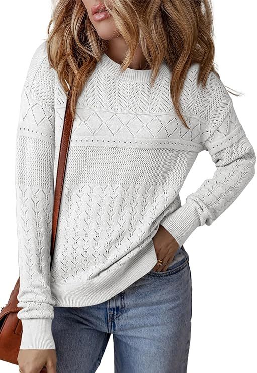 SHEWIN Sweaters for Women Casual Crew Neck Long Sleeve Crochet Pullover Tops Sweater | Amazon (US)