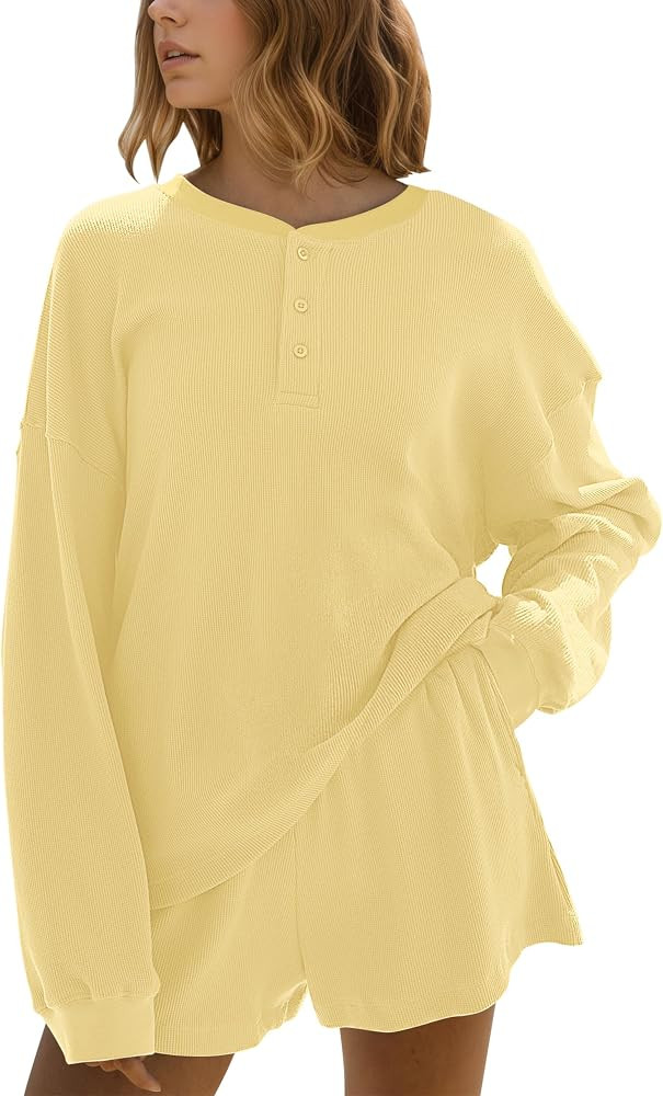 MSBESYOR Womens Waffle Knit Lounge Sets, 2 Piece Oversized Long Sleeve Sweatshirt and High Waiste... | Amazon (US)