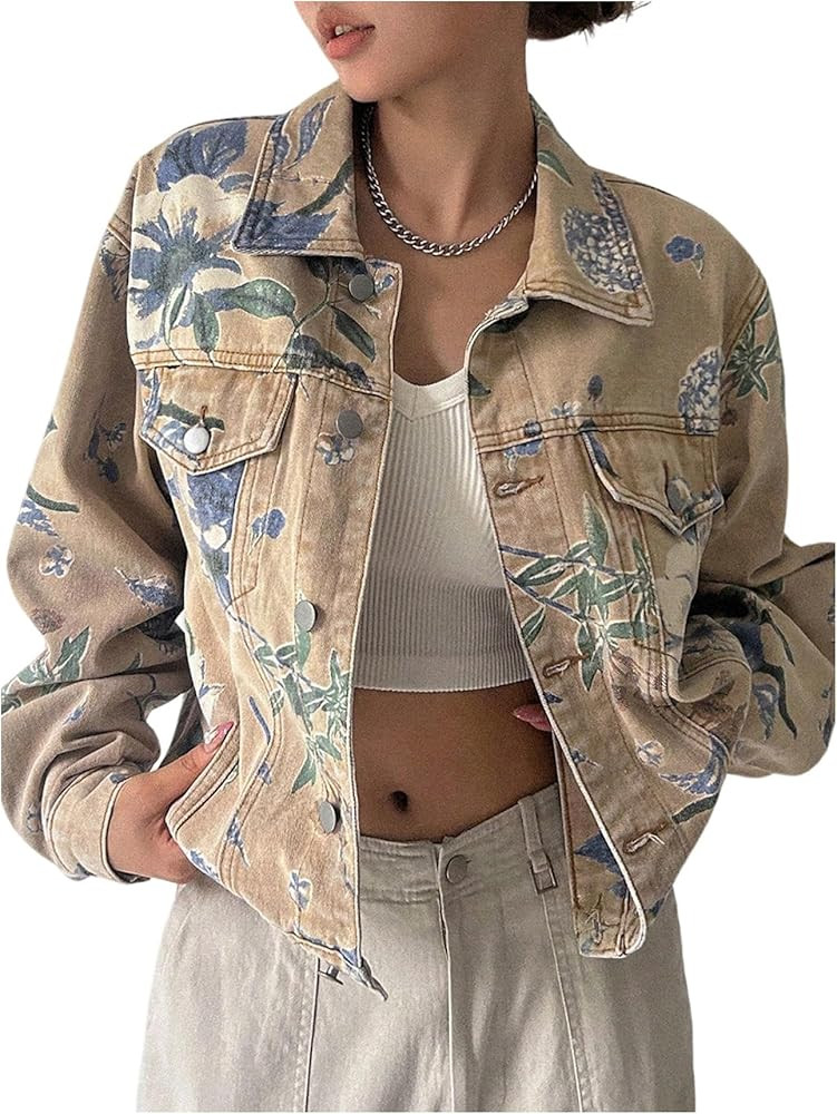 WDIRARA Women's Floral Print Button Down Denim Jacket Long Sleeve Outerwear | Amazon (US)