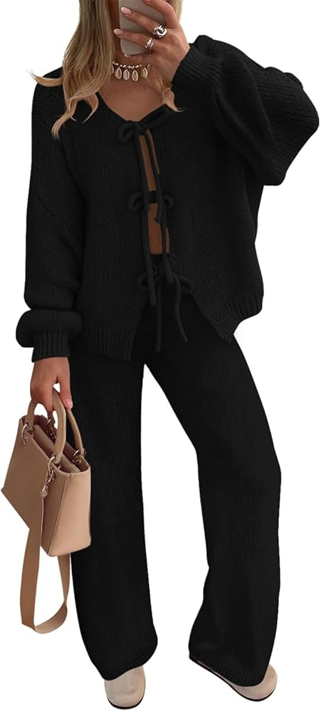 ZESICA Women's 2 Piece Outfits Lounge Pajama Sets 2026 Fall Long Sleeve Cardigans Wide Leg Pants ... | Amazon (US)