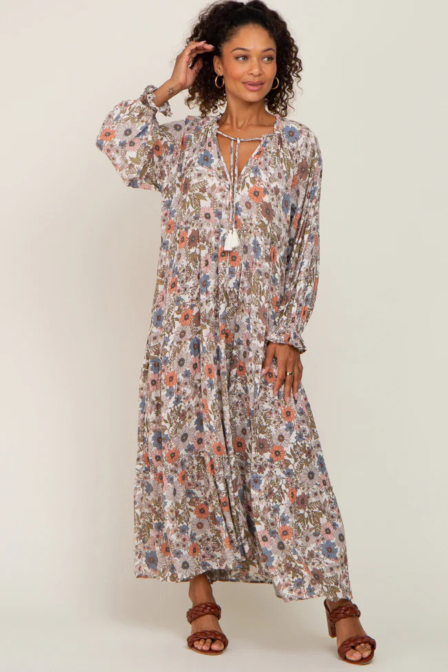 Cream Floral Long Sleeve Tiered Midi Dress | PinkBlush Maternity