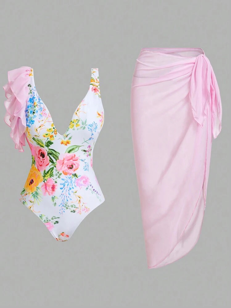 Summer Vacation Deep V Neck Tummy Control Ruffle Hem One-Piece Swimsuit | SHEIN