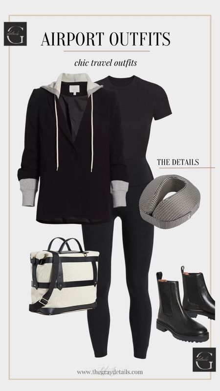 Travel outfit idea. Airport outfit, leggings outfit, travel style, black tee, hooded blazer, travel bag, travel tote, must have travel accessories, travel gifts 

#LTKshoecrush #LTKtravel #LTKover40