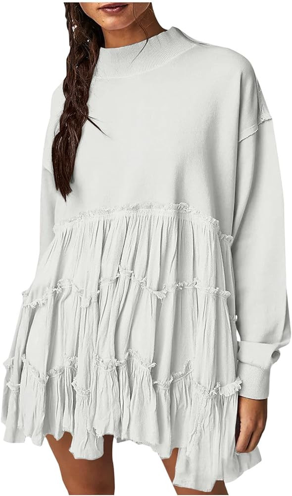 Women's Oversized Sweatshirt Mini Dress Long Sleeve Ruffle Hem Patchwork Pullover Tops Flowy Plea... | Amazon (US)