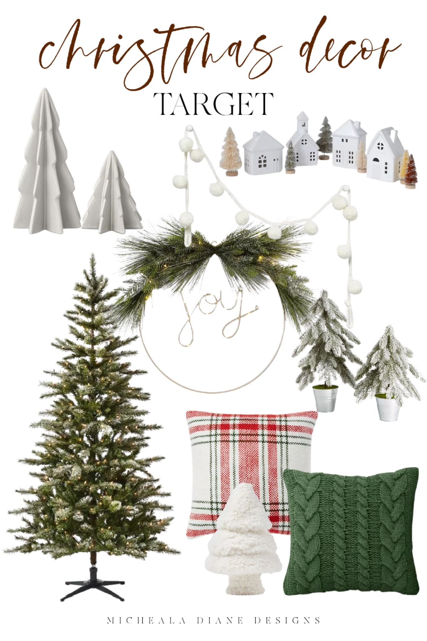 Target Christmas Decor. Artificial Christmas tree. Lit Joy wreath, Christmas throw pillows, ceramic houses. Budget friendly Christmas decor. 

#LTKhome #LTKHoliday #LTKSeasonal