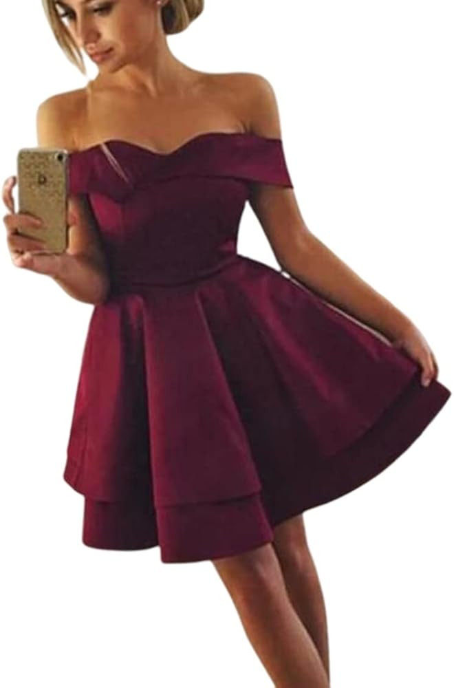 Burgundy Short Satin V Neck Off-The-Shoulder Homecoming Dresses | Amazon (US)