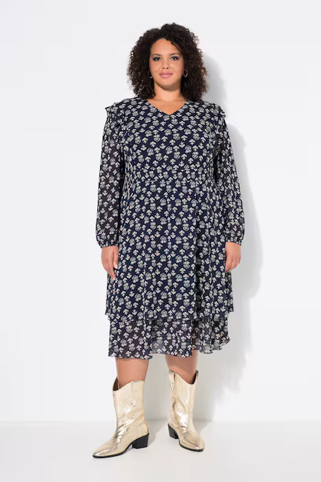 Sheer Long Sleeve Layered Floral Dress | Ulla Popken - US